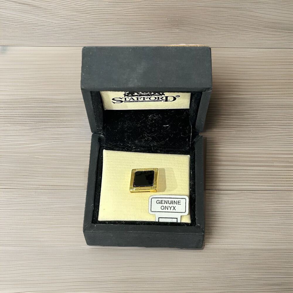 Beautiful Gold Tone Tie Tac with Genuine Black Onyx Stone.